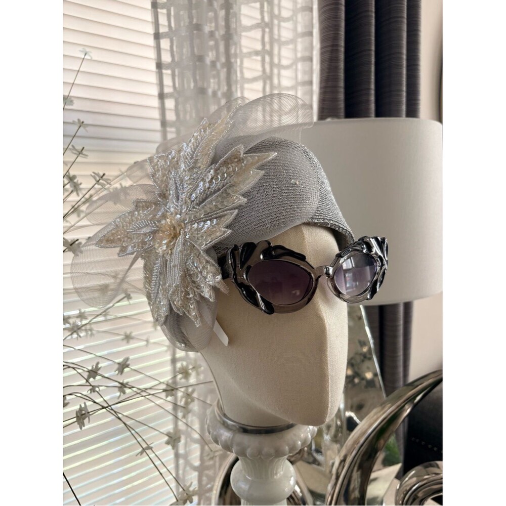 Embellished Asymmetrical Silver Straw Statement Fascinator Hat